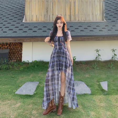 BY15854# 大码高智感韩艺术生格纹蕾丝短袖连衣裙胖mm显瘦不规则长裙  服裝批發女裝批發服飾貨源