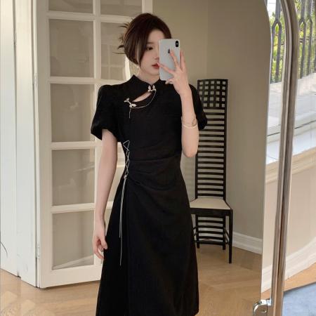 BY15855# 新中式改良旗袍连衣裙女夏季蝴蝶扣国风禅意气质显瘦小黑裙  服裝批發女裝批發服飾貨源