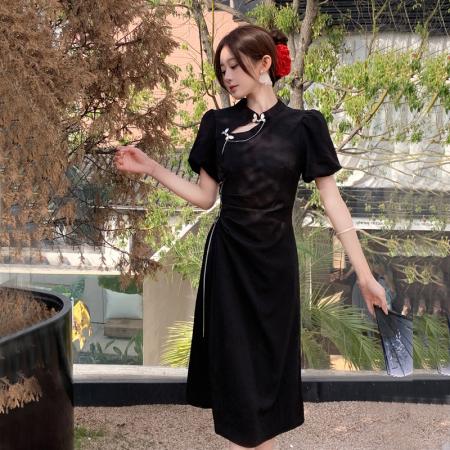 BY15855# 新中式改良旗袍连衣裙女夏季蝴蝶扣国风禅意气质显瘦小黑裙  服裝批發女裝批發服飾貨源