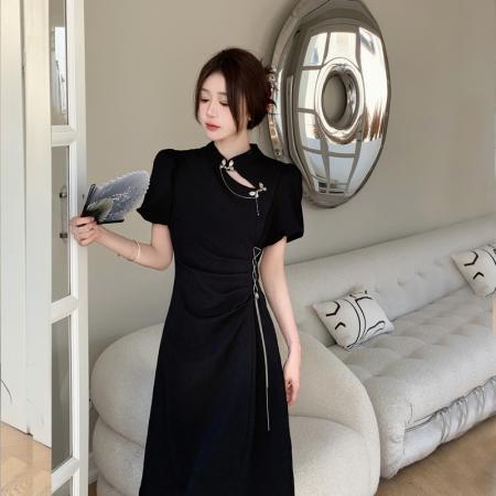 BY15855# 新中式改良旗袍连衣裙女夏季蝴蝶扣国风禅意气质显瘦小黑裙  服裝批發女裝批發服飾貨源