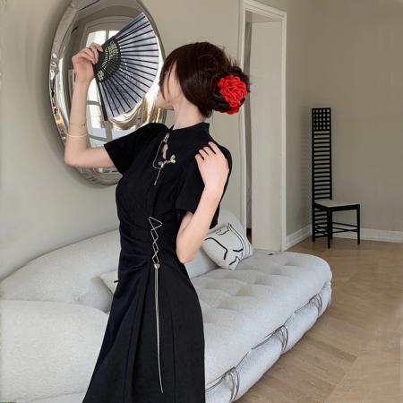 BY15855# 新中式改良旗袍连衣裙女夏季蝴蝶扣国风禅意气质显瘦小黑裙  服裝批發女裝批發服飾貨源