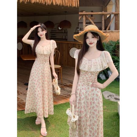 BY15856# 大码女装泰兰德少女蕾丝边鱼骨收腰显瘦浪漫成人礼碎花裙  服裝批發女裝批發服飾貨源