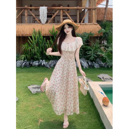 BY15856# 大码女装泰兰德少女蕾丝边鱼骨收腰显瘦浪漫成人礼碎花裙  服裝批發女裝批發服飾貨源