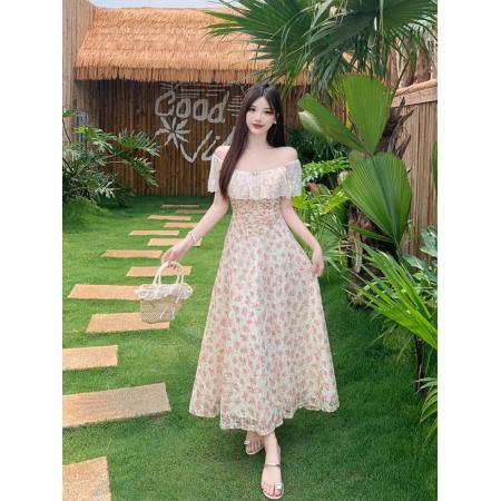 BY15856# 大码女装泰兰德少女蕾丝边鱼骨收腰显瘦浪漫成人礼碎花裙  服裝批發女裝批發服飾貨源