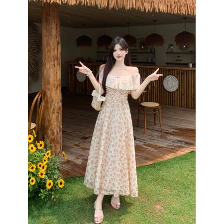 BY15856# 大码女装泰兰德少女蕾丝边鱼骨收腰显瘦浪漫成人礼碎花裙  服裝批發女裝批發服飾貨源