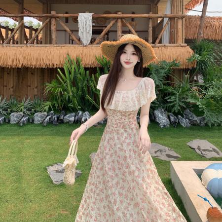 BY15856# 大码女装泰兰德少女蕾丝边鱼骨收腰显瘦浪漫成人礼碎花裙  服裝批發女裝批發服飾貨源