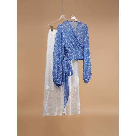 BY15857# 法式小资气质碎花交叉绑带雪纺衫女短款收腰灯笼袖上衣衬衫  服裝批發女裝批發服飾貨源