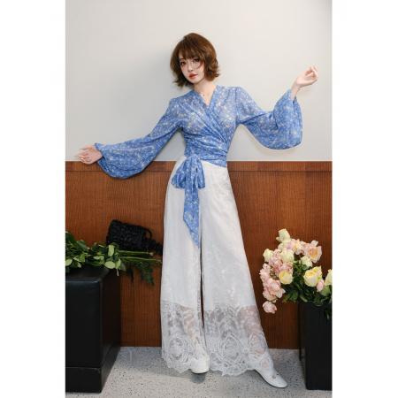 BY15857# 法式小资气质碎花交叉绑带雪纺衫女短款收腰灯笼袖上衣衬衫  服裝批發女裝批發服飾貨源