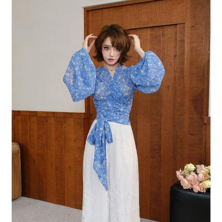 BY15857# 法式小资气质碎花交叉绑带雪纺衫女短款收腰灯笼袖上衣衬衫  服裝批發女裝批發服飾貨源