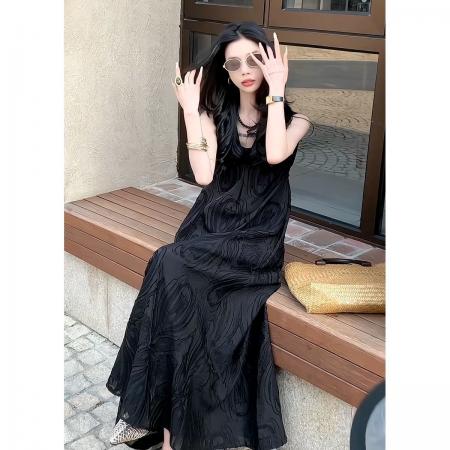 BY15858# 法式设计感轻奢气质无袖背心连衣裙女夏季新款宽松提花高级感长裙  服裝批發女裝批發服飾貨源