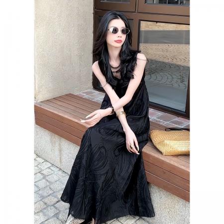 BY15858# 法式设计感轻奢气质无袖背心连衣裙女夏季新款宽松提花高级感长裙  服裝批發女裝批發服飾貨源