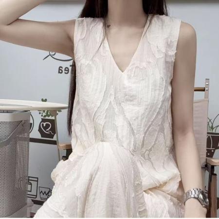 BY15858# 法式设计感轻奢气质无袖背心连衣裙女夏季新款宽松提花高级感长裙  服裝批發女裝批發服飾貨源