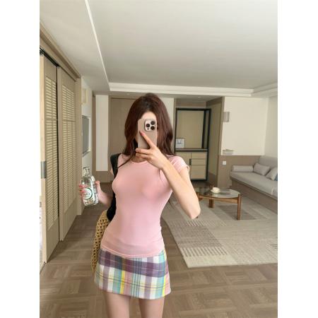 BY15862# 韩系温柔设计感甜辣半身裙夏季修身少女感显瘦包臀裙彩虹格纹短裙  服裝批發女裝批發服飾貨源