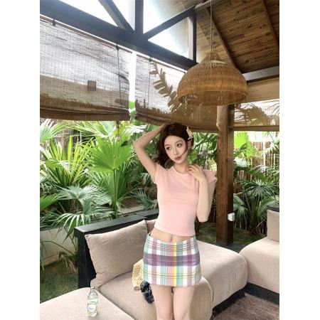 BY15862# 韩系温柔设计感甜辣半身裙夏季修身少女感显瘦包臀裙彩虹格纹短裙  服裝批發女裝批發服飾貨源