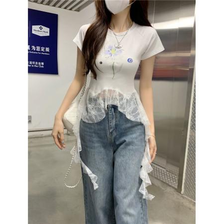 BY15863# 人棉蕾丝下摆不规则飘带拼接印花短袖T恤女夏季甜辣妹风上衣  服裝批發女裝批發服飾貨源