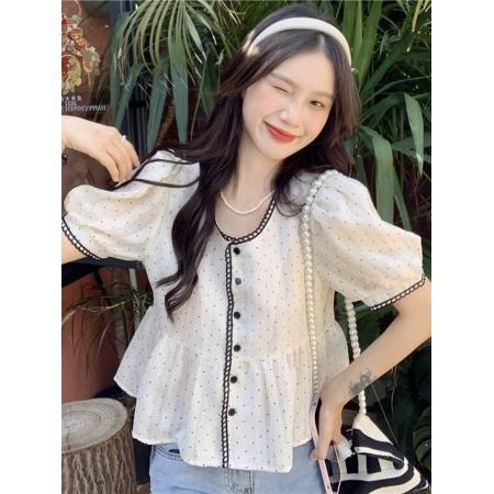 BY15865# 法式泡泡袖衬衫女设计感小众夏季新款波点衬衣高级感短款上衣  服裝批發女裝批發服飾貨源