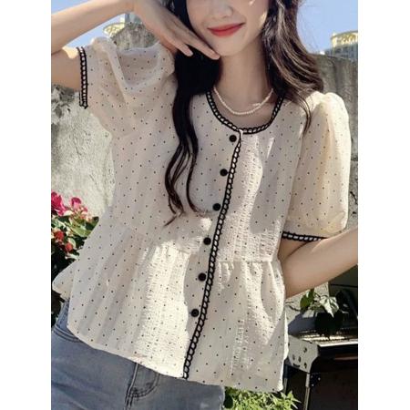BY15865# 法式泡泡袖衬衫女设计感小众夏季新款波点衬衣高级感短款上衣  服裝批發女裝批發服飾貨源