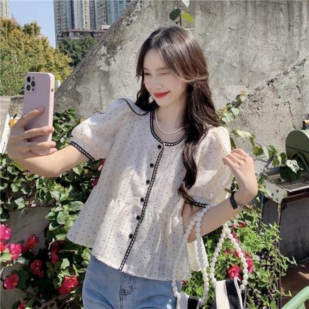 BY15865# 法式泡泡袖衬衫女设计感小众夏季新款波点衬衣高级感短款上衣  服裝批發女裝批發服飾貨源