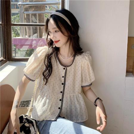BY15865# 法式泡泡袖衬衫女设计感小众夏季新款波点衬衣高级感短款上衣  服裝批發女裝批發服飾貨源