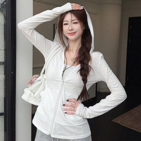 BY15867# 慵懒风运动套装白色连帽防晒长袖外套女夏季热裤休闲裤短裤两件套  服裝批發女裝批發服飾貨源