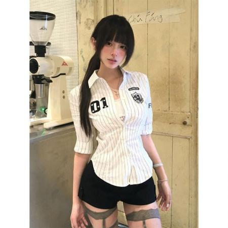 BY15868# 复古黑白条纹长袖球服短款衬衫女夏季收腰修身打底上衣  服裝批發女裝批發服飾貨源