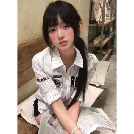 BY15868# 复古黑白条纹长袖球服短款衬衫女夏季收腰修身打底上衣  服裝批發女裝批發服飾貨源