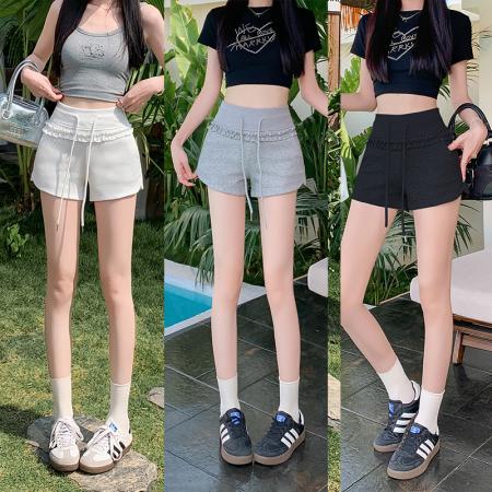 BY15869# 简约抽绳短裤夏季少女运动感木耳花边松紧腰百搭短裤  服裝批發女裝批發服飾貨源