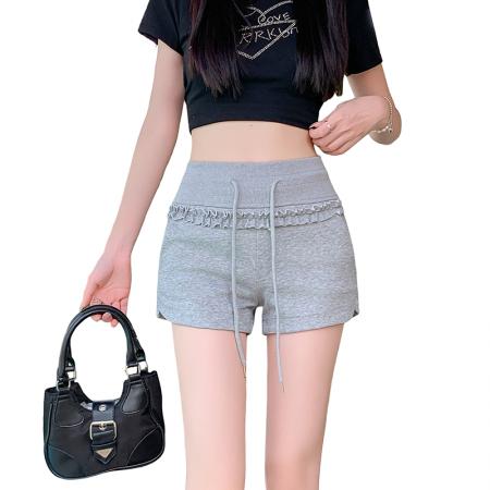 BY15869# 简约抽绳短裤夏季少女运动感木耳花边松紧腰百搭短裤  服裝批發女裝批發服飾貨源
