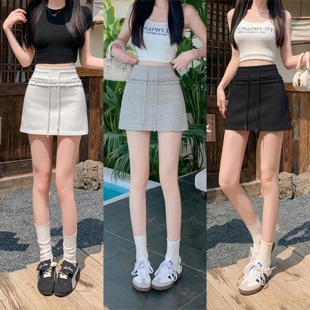 BY15870# 抽绳夏季少女运动感木耳花边松紧腰百搭包臀A字半身裙  服裝批發女裝批發服飾貨源