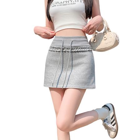 BY15870# 抽绳夏季少女运动感木耳花边松紧腰百搭包臀A字半身裙  服裝批發女裝批發服飾貨源