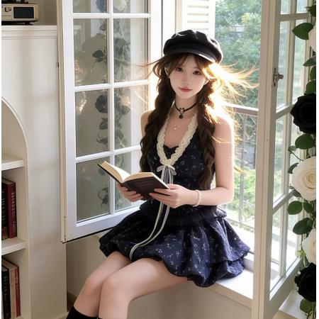 BY15871# 韩系蕾丝拼接碎花吊带连衣裙女新款小个子掐腰显瘦挂脖  服裝批發女裝批發服飾貨源