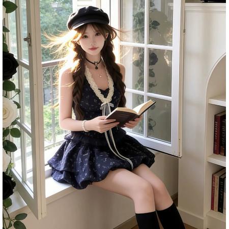 BY15871# 韩系蕾丝拼接碎花吊带连衣裙女新款小个子掐腰显瘦挂脖  服裝批發女裝批發服飾貨源