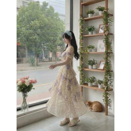 BY15873# 瑞茜·威瑟斯梦游仙本那夏季温柔修身显瘦碎花不规则长裙连衣裙  服裝批發女裝批發服飾貨源