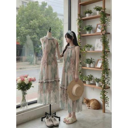 BY15874# 鹭青一原创帆影绿复古印花连衣裙女夏季打揽设计无袖挂脖长裙  服裝批發女裝批發服飾貨源