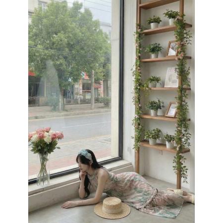 BY15874# 鹭青一原创帆影绿复古印花连衣裙女夏季打揽设计无袖挂脖长裙  服裝批發女裝批發服飾貨源