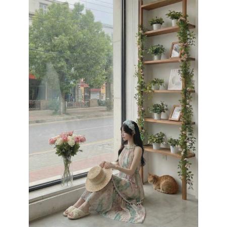 BY15874# 鹭青一原创帆影绿复古印花连衣裙女夏季打揽设计无袖挂脖长裙  服裝批發女裝批發服飾貨源