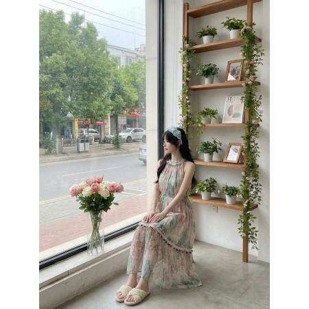 BY15874# 鹭青一原创帆影绿复古印花连衣裙女夏季打揽设计无袖挂脖长裙  服裝批發女裝批發服飾貨源