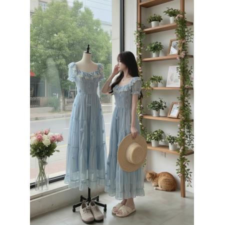 BY15875# Acaine中长款方领小飞袖收腰雪纺短袖连衣裙女夏季法式复古裙子  服裝批發女裝批發服飾貨源