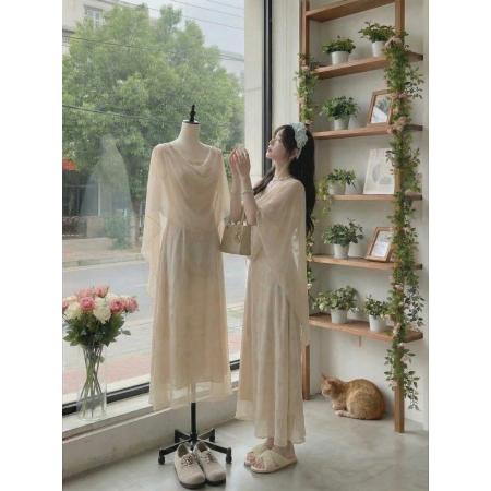 BY15877# 新中式国风EIA一尧白玉兰温柔气质提花吊带连衣裙女早春+开衫  服裝批發女裝批發服飾貨源