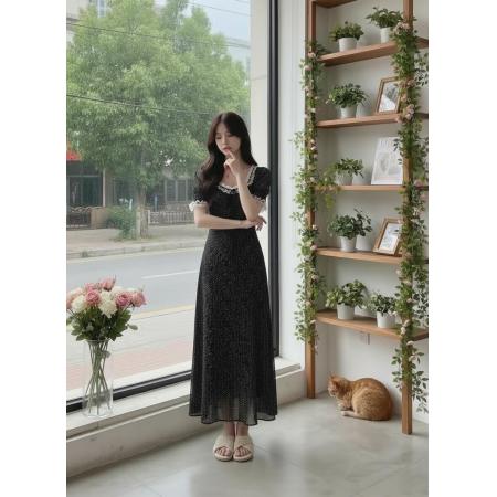 BY15878# 白水女白塔玫瑰黑色波点连衣裙女早春花边韩系chic别致穿搭长裙  服裝批發女裝批發服飾貨源