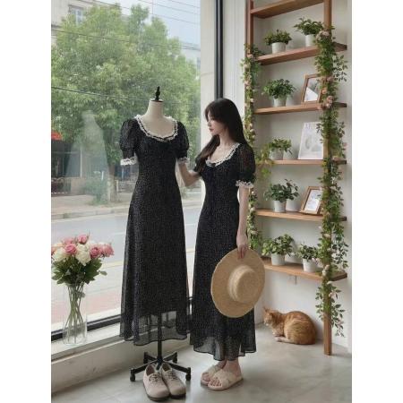 BY15878# 白水女白塔玫瑰黑色波点连衣裙女早春花边韩系chic别致穿搭长裙  服裝批發女裝批發服飾貨源