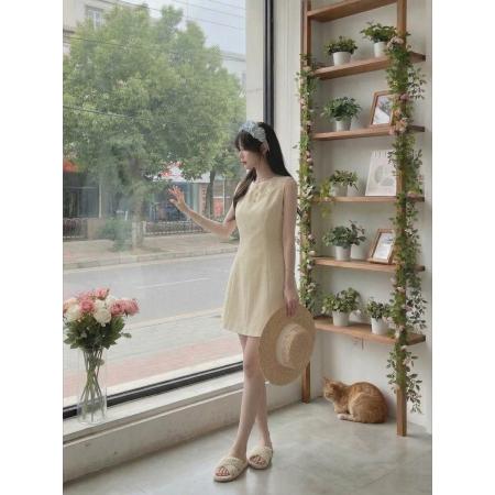 BY15879# 初夏耳语jory*后背系纱白色无袖背心裙气质收腰短裙  服裝批發女裝批發服飾貨源