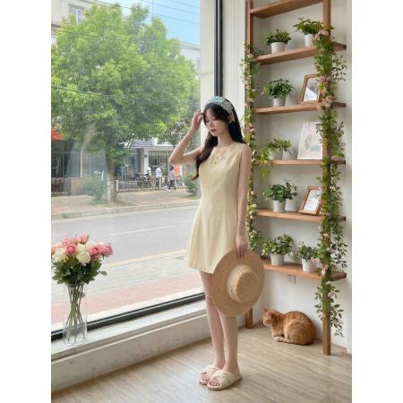 BY15879# 初夏耳语jory*后背系纱白色无袖背心裙气质收腰短裙  服裝批發女裝批發服飾貨源