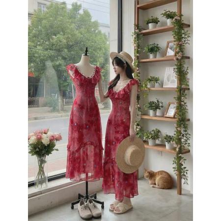 BY15880# 初梦POKEMENG夏季树莓甜茶玫红色刺绣荷叶边长裙显瘦连衣裙  服裝批發女裝批發服飾貨源