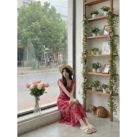 BY15880# 初梦POKEMENG夏季树莓甜茶玫红色刺绣荷叶边长裙显瘦连衣裙  服裝批發女裝批發服飾貨源