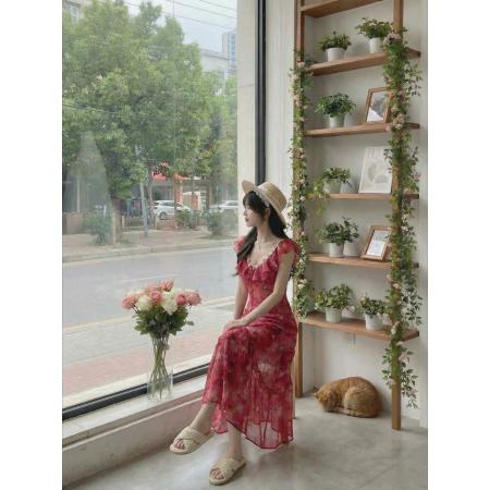 BY15880# 初梦POKEMENG夏季树莓甜茶玫红色刺绣荷叶边长裙显瘦连衣裙  服裝批發女裝批發服飾貨源