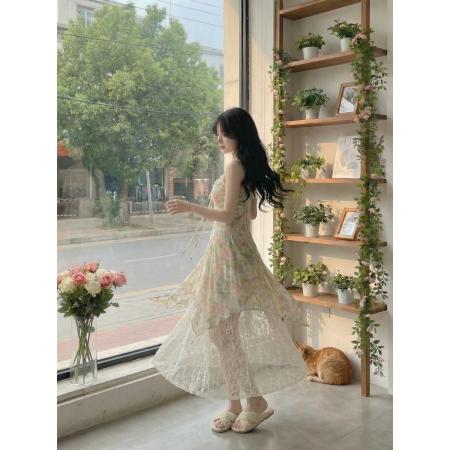 BY15881# Blovelan晨露花园甜美蝴蝶结飘带碎花蕾丝拼接层次感吊带连衣裙  服裝批發女裝批發服飾貨源