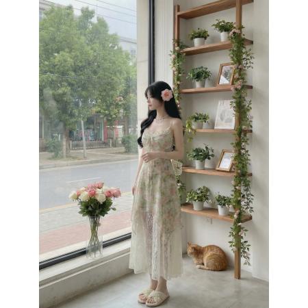 BY15881# Blovelan晨露花园甜美蝴蝶结飘带碎花蕾丝拼接层次感吊带连衣裙  服裝批發女裝批發服飾貨源