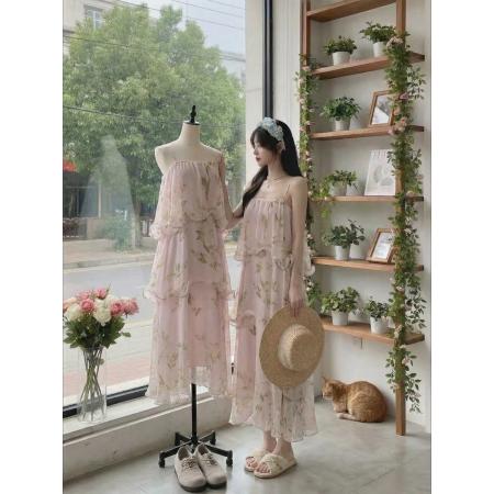 BY15882# 施薇靓丹麦设计师印花薄雾紫棠鱼骨绣连衣裙吊带连衣裙  服裝批發女裝批發服飾貨源