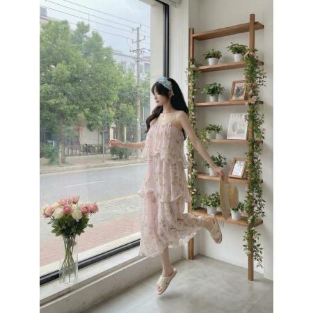 BY15882# 施薇靓丹麦设计师印花薄雾紫棠鱼骨绣连衣裙吊带连衣裙  服裝批發女裝批發服飾貨源